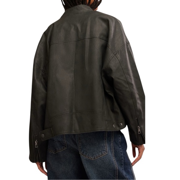 We The Free People Vinny vegan leather bomber jacket black zippers M NEW NWT - Picture 2 of 8